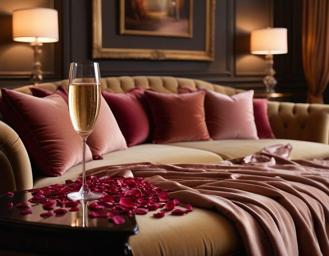 A sultry and inviting room with soft lighting, a plush velvet couch, and silk sheets draped artfully, hinting at intimacy. Sensual silhouette figures could be softly lit in the background, enhancing the allure of comfort and desire. Subtle elements like champagne glasses and rose petals add a touch of romance. The atmosphere should evoke a sense of exploration and mystery. super-realistic. warm tones. soft focus.