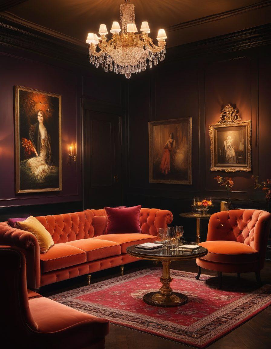 A luxurious, intimate setting featuring plush velvet seating, soft candlelight, and a seductive atmosphere. Include tasteful art depicting sensuality, with a hint of mystery in the shadows. Show an array of curated entertainment options, like chic magazines and tasteful music instruments, inviting exploration. Capture a sense of elegance and allure with warm, rich colors. super-realistic. vibrant colors. soft lighting.